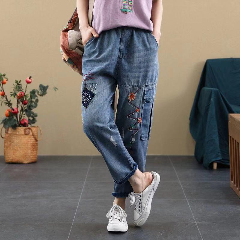Blugi Dama Retro Brodați Rupti cu Talie Elastică - Stil Harem Slimming pentru Primăvară & Toamnă (Tendință 2025)