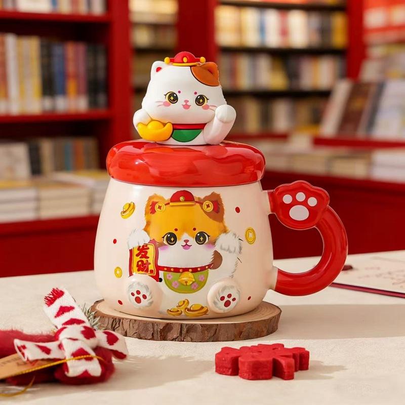 Chinese Style Lucky Cat Mug With Lid High Value Ceramic Cup Gift Water Cup Creative Gift Box Cup Girl