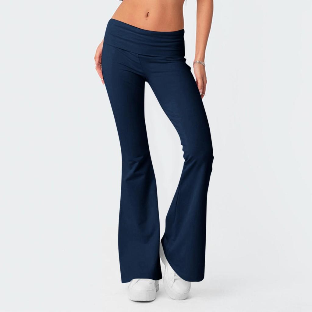 Damenmode, einfarbig, schmale Passform, schmale umgekehrte Taille, niedrige Taille, elastische Taille, Schlaghose