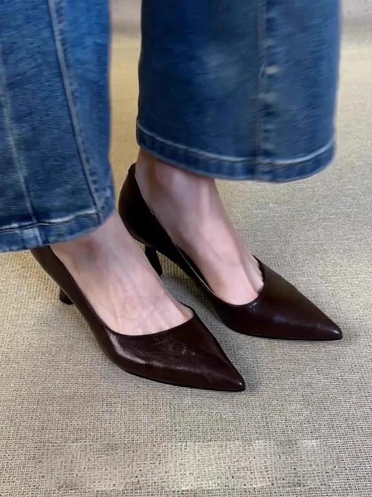 

Мода 2025Острый носок, мелкий вырез, низкий профиль, удобные туфли для работы, простые 34 коричневый