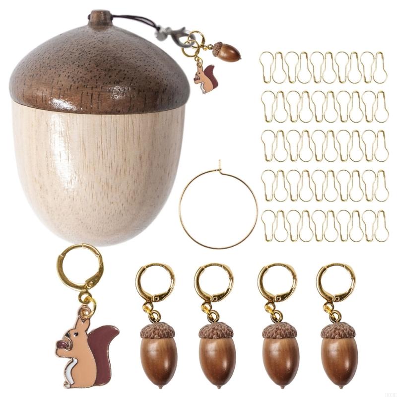 Wooden Acorn Animal Knitting Markers With Storage Box Locking Stitching Markers For Knitting Handmade Crochet Craft B03E