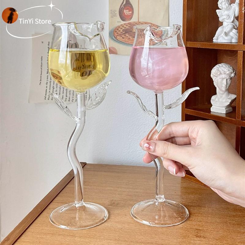 1/2PCS 150ml 5oz Clear Rose Shape Wine Glass with Clear Leaves Cocktail Glass Stemware Gift for Lovers Wedding Table Decor
