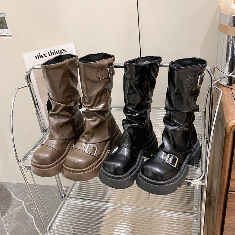 Vintage Maillard medium boots children's autumn new thick-soled heightening brown trousers short boots