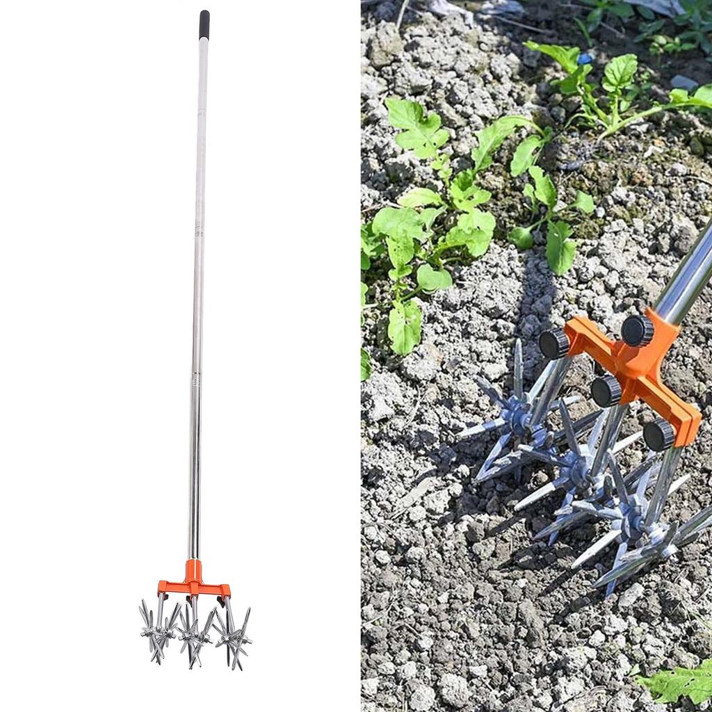 Manual Rotary Cultivator Tool Stainless Steel Teeth Adjustable Handle Garden Hand Tiller for Lawn