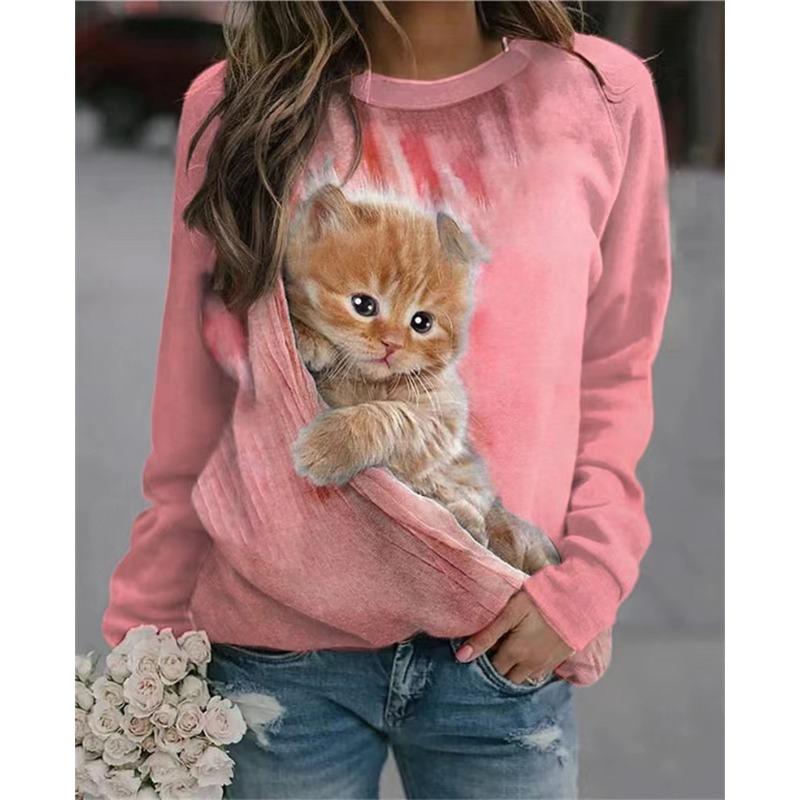 

Cat Print Long Sleeved Cute Round Neck Pullover Comfortable Casual Loose Plus Size Long Sleeve Women s Pullover 6XL рожевий