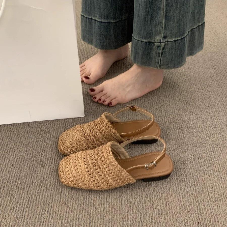 Retro Mori woven breathable bag head sandals women's summer wear 2025 new casual flat Roman beach shoes