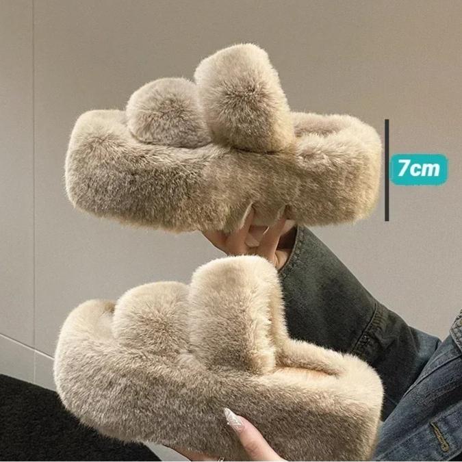 Women Winter Fluffy Fur Slippers Winter Warm Cotton Slipper Comfort House Slides 7cm Height Increase Platform Slippers for Women