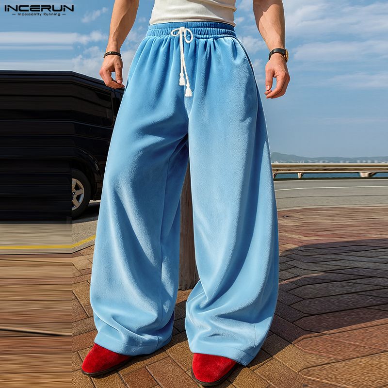 INCERUN Men Casual Elastic Waist Autumn Winter Velvet Long Pants Trousers