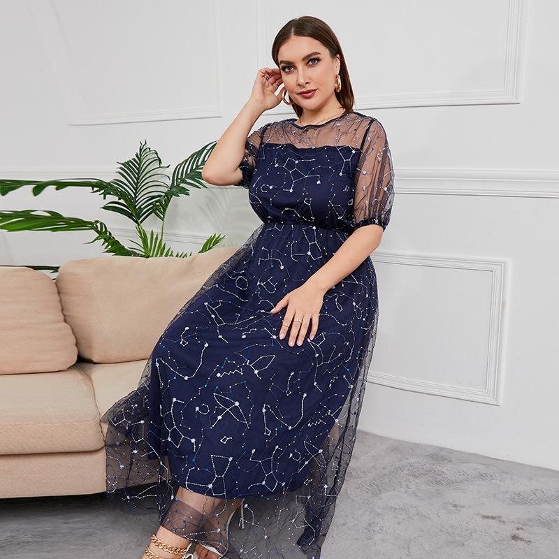 Floral Tulle Plus Size Dresses for Women Round Necked Lace Appliques Dress Summer Mesh Sheer Bling Floral Pleated Dress Commuter Fashion Dresses