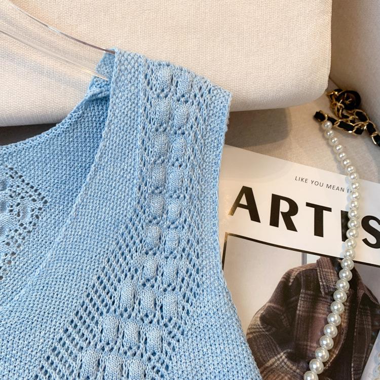 Letní a podzimní design Bez rukávů Rozparek Vesta Dírkovaná Pletená košile Top z ledového hedvábí pro ženy