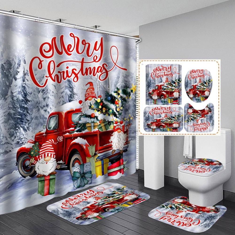 Merry Christmas Bathroom 4Pcs Set Snowman Santa Claus Pattern Waterproof Shower Curtain Toilet Cover Mat Non Slip Rug Home Decor