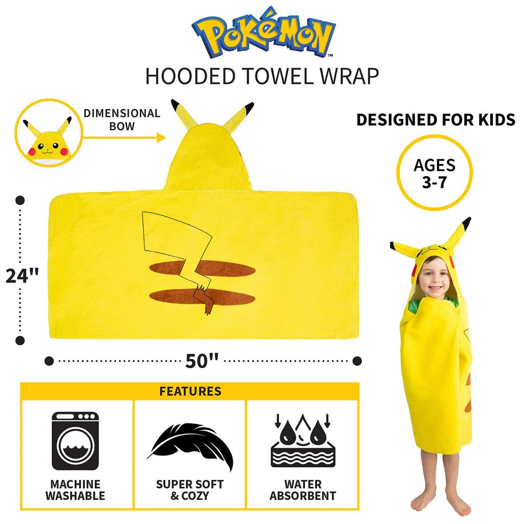 Franco Kids Bath and Beach Soft Cotton Terry Hooded Towel Wrap, 24" x 50", Pokemon Pikachu