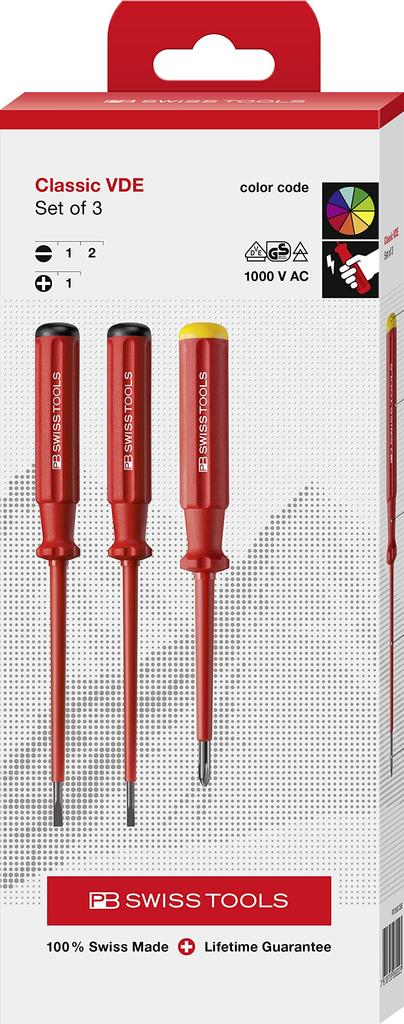 PB Swiss Tools SwissGrip Classic Insulated Screwdriver Set and in Paper 3-Piece (Slotted Phillips) Box, 5550.CBB