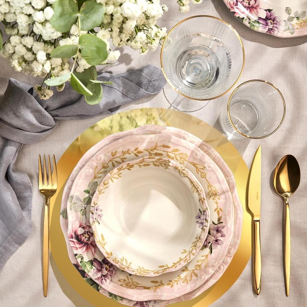 50pcs Mirrored Gold Charger Placemats - 13" Round Disposable Paper Mats (Gold/Bright Red), Dining Table Decor for Banquet Wedding Party
