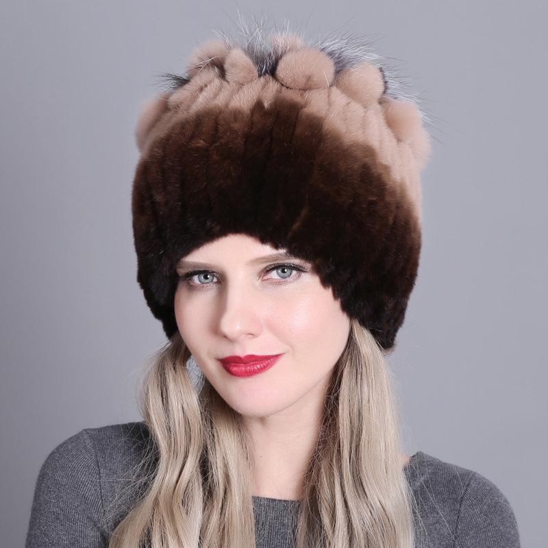 Colorful Rex Rabbit Fur Knitted Women's Warm Winter Hat