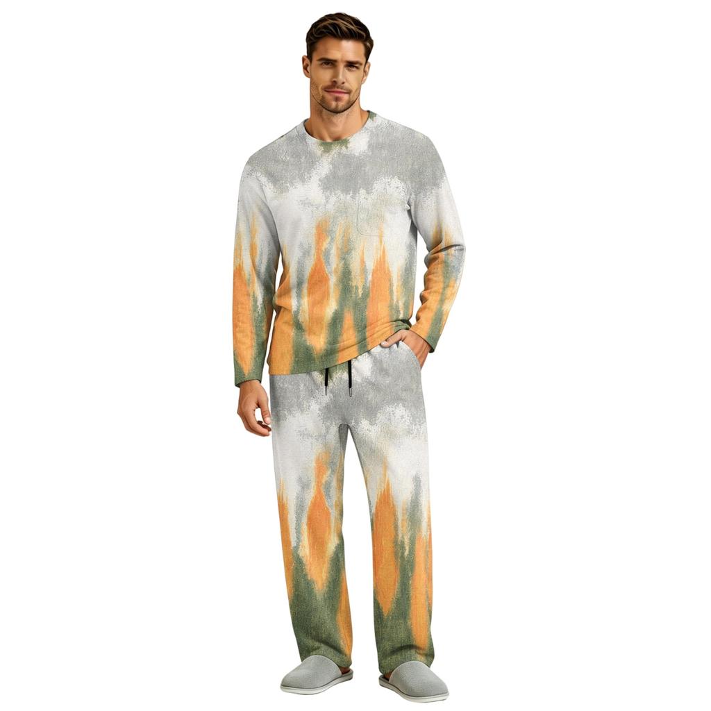 Men's Long Sleeve Pajama Set with Button Fly and Elastic Drawstring Waist for Home Sleepwear