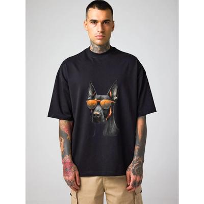 T-shirt Oversize da Uomo con Stampa Cane Nero con Occhiali da Sole Stile Streetwear Casual
