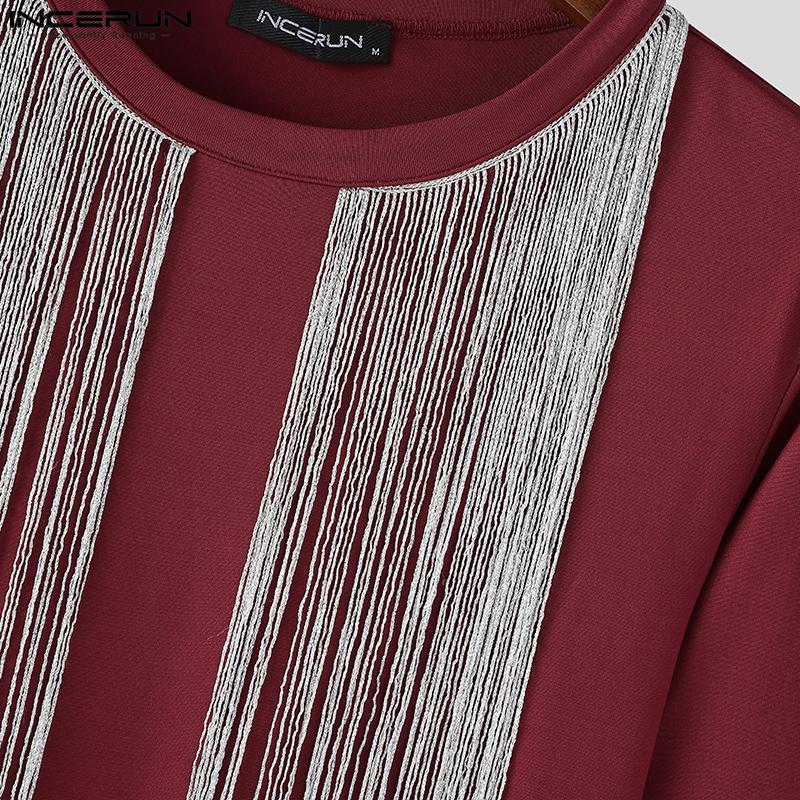 INCERUN Men Long Sleeve Glitter Tassel Patchwork Casual Fitted T-shirts Tops
