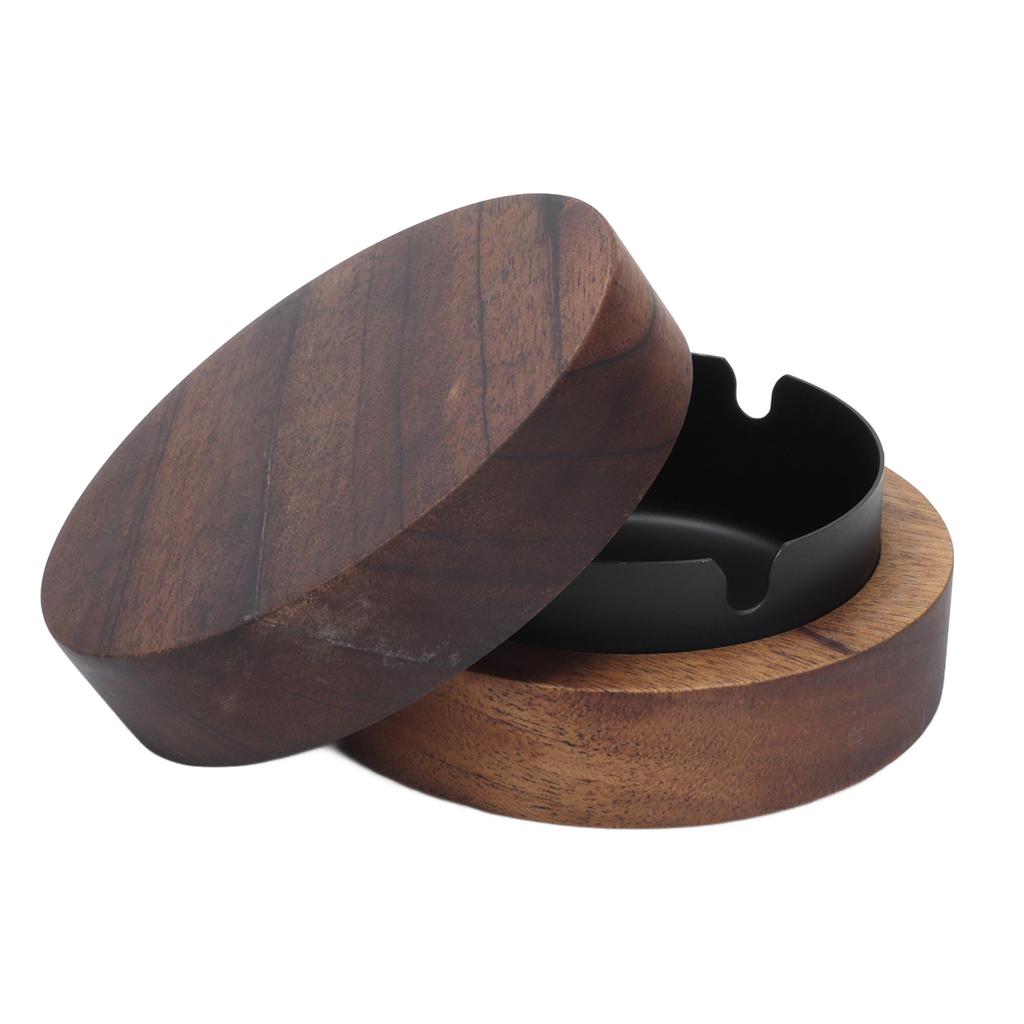 Wooden Compact Ashtray with Lid Stainless Steel Liner Innovative Windproof Cigarettes Ash Tray for Office