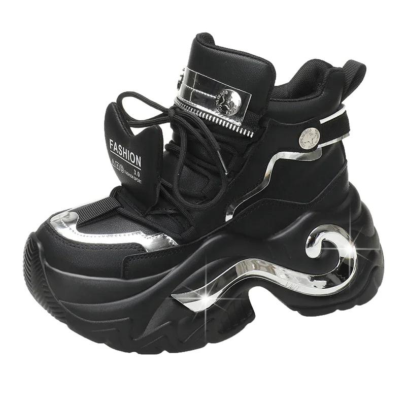 

Fashion Bling Women High Platform Casual Leather Shoes 2025 New Autumn Lace-up Chunky Sneakers Wedges Hidden Heels Leisure Shoes Woman 35 чёрный