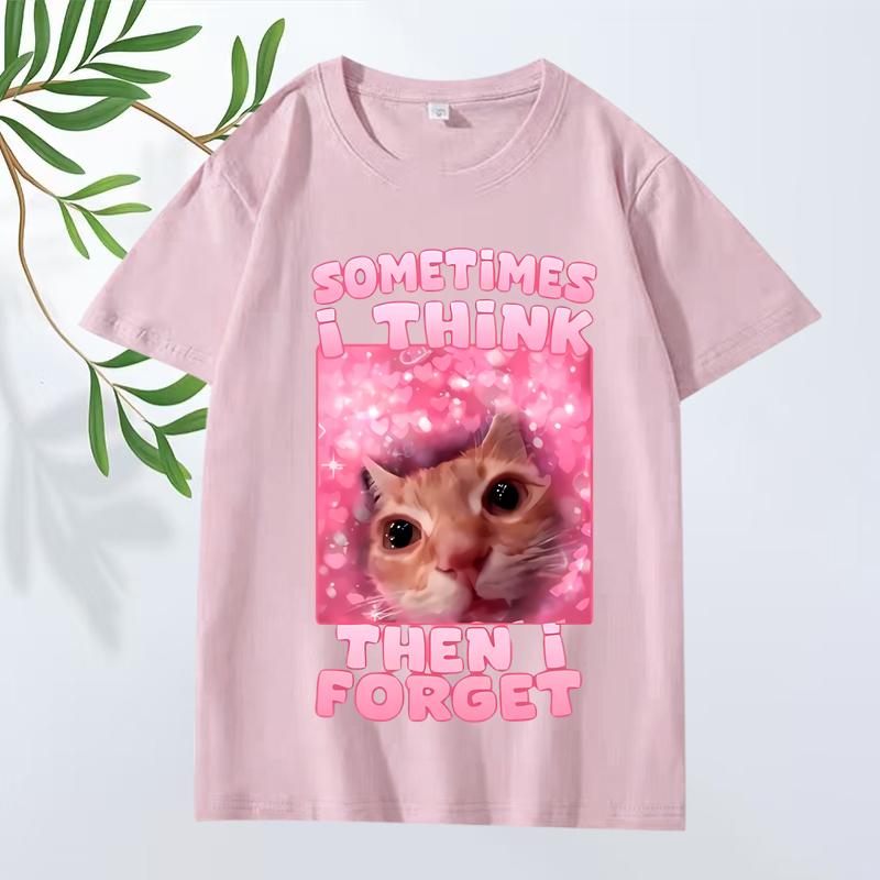 Sometimes I Think Then I Forget Funny Cat Meme T Shirt Men ’s Women Oversized 100% Cotton Short Sleeve Summer Print Unisextops