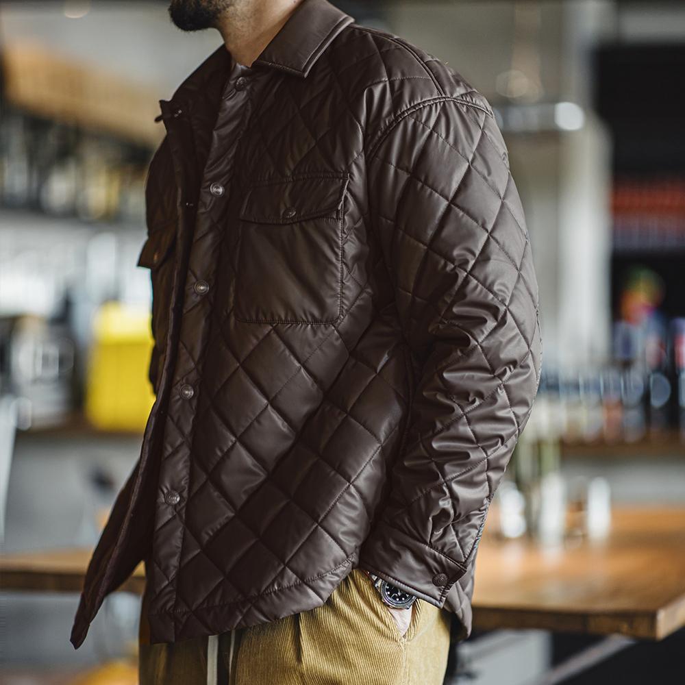 Maden Retro Quilted Diamond Grid Jacket Loose Fit Cotton-padded Coat Collar Warm Versatile Men's Outerwear for Autumn and Winter