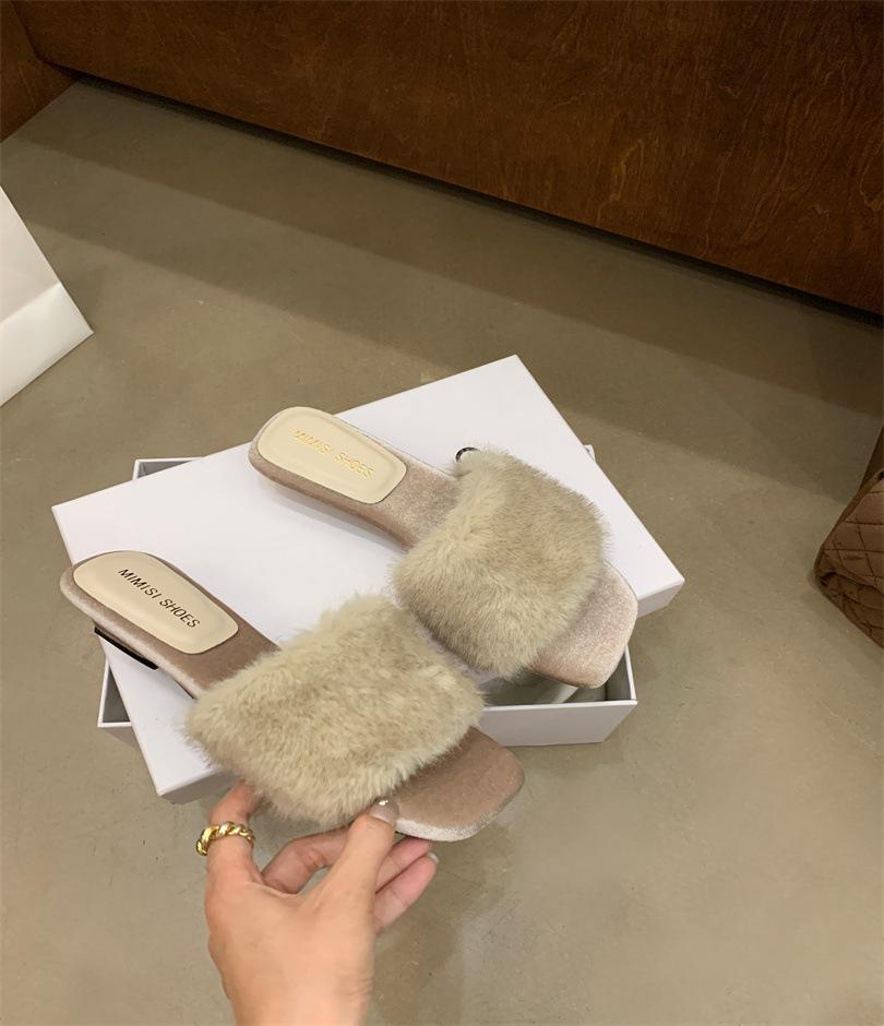 

2025 autumn and winter new European and American slope heel French square head open-toed fluffy slippers women s shoes outside wear 39 абрикосовый