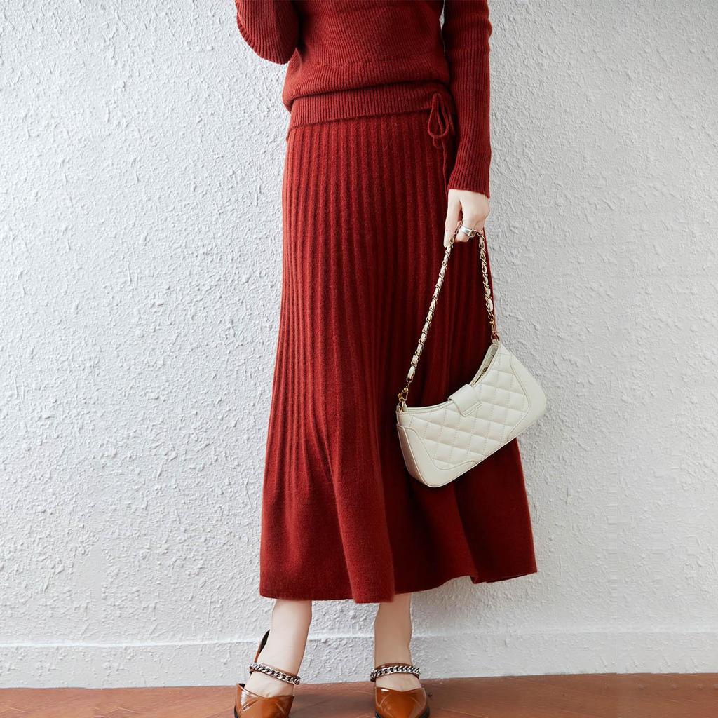 100% Wool Drapey A-Line Pleated Midi Skirt - Slimming and Large Swing Design for Spring and Autumn