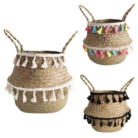 Handmade Tassel Faux Seagrass Sundries Storage Basket Household Pot Container