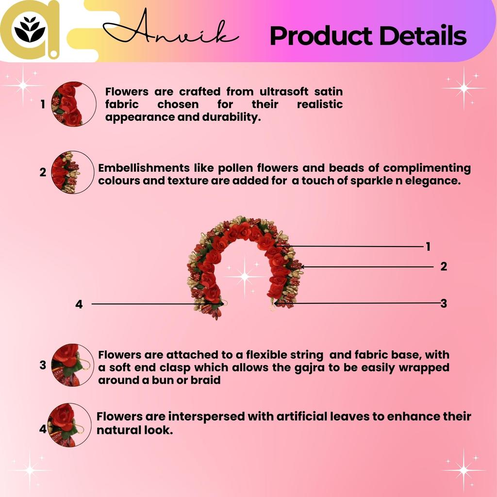 ANVIK Fancy Party Bridal Wedding Fabric/Artificial Rose Flower Bun Juda Hair Gajra for Women Flower Floral Hair Accessories for Women Veni for Hair