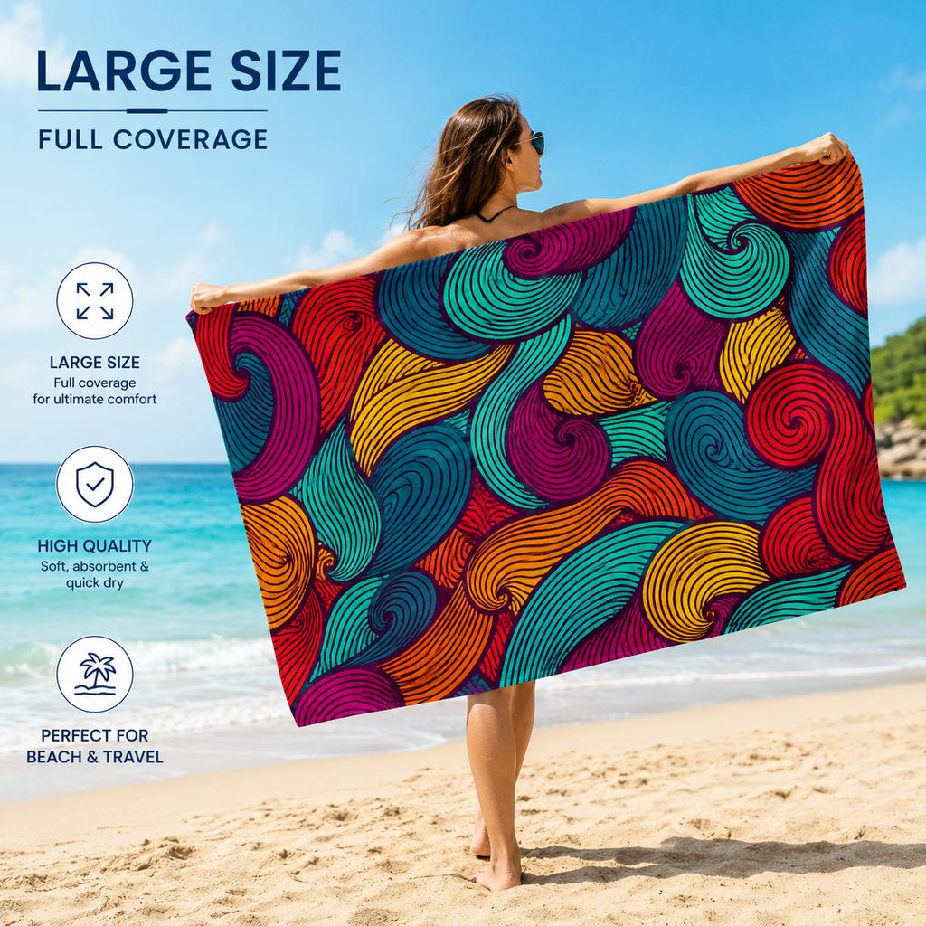 Groovy Waves Beach Towel Flat Print Retro Colorful Large Bath Towels for Outdoor Picnic Holiday Yoga Mat Summer Decor