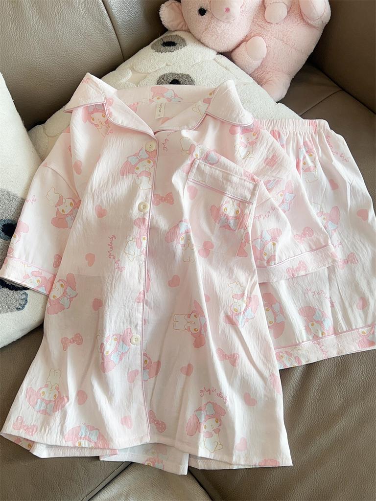 Pink Bow Melody Girls Pajamas Summer Short Sleeves Shorts Cardigan Set Students Can Wear Loungewear