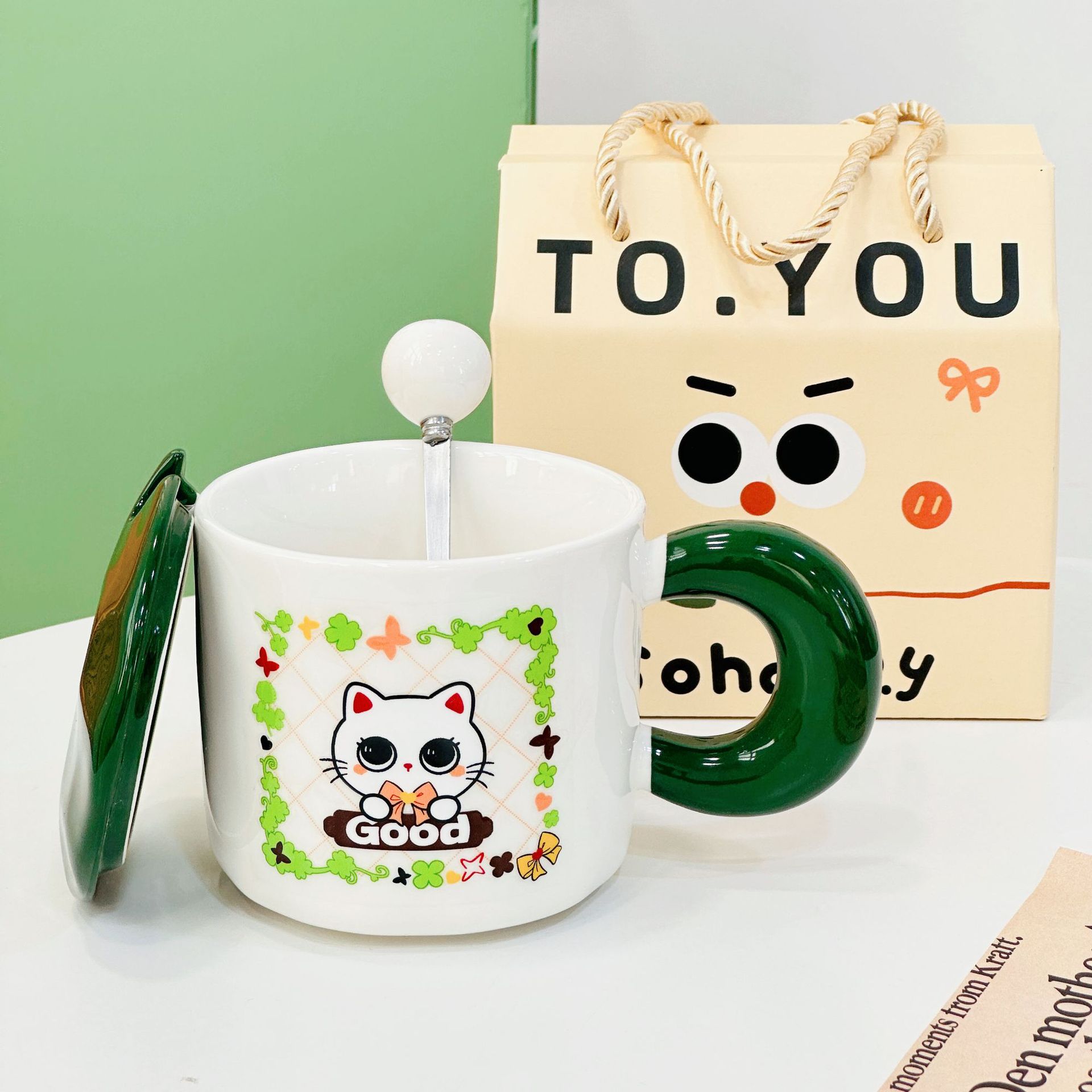 

Cute Cartoon Cat Ceramic Cup Girls Mug with Lid Spoon Household Gift Box Water Cup High looking Gift 480ML