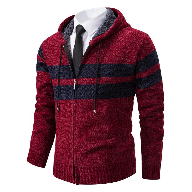 Men's Fall Winter New Fleece Lined Thick Hooded Knit Cardigan, Casual Sweater Outerwear