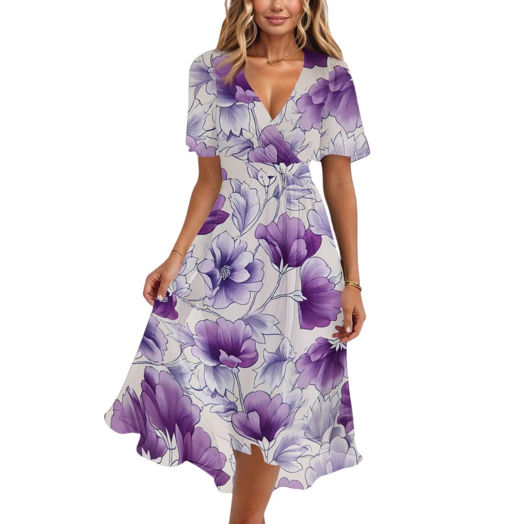 Women Casual V Neck Short Sleeve Floral Print Dress Vintage Style Midi Length Wrap Dress for Daily Wear