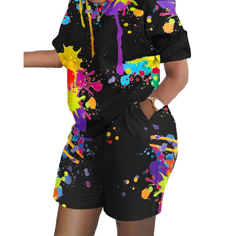 YYFS Women's Fashion Casual Summer Spring Colour Block Print Short Sleeve O-Neck Trousers Pants Suits