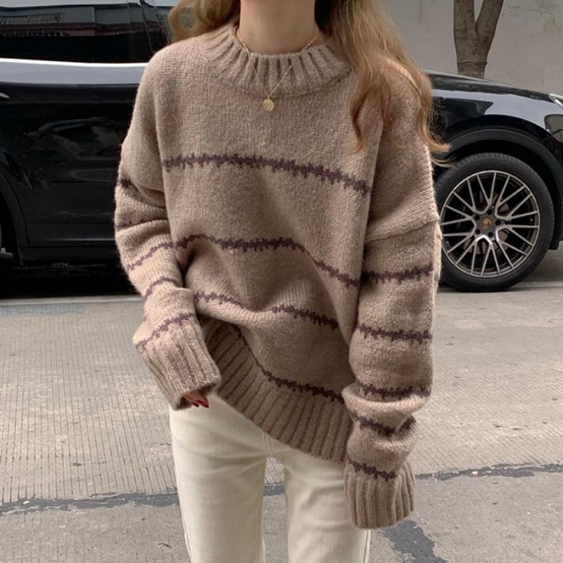 Retro Round Neck Loose Autumn Pullovers Sweaters Women Fashion Long Sleeve Striped Knitted Sweater Ladies Elegant Slim Jumpers Winter Clothing 25534