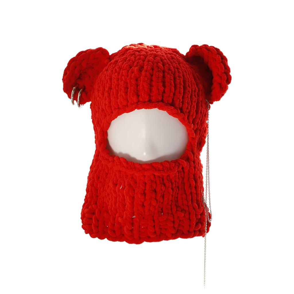 Knitting Balaclava Cap for Women Cute Bear Ears Plush Beanie Hat Handmade Face Cover Hat Crochet Hooded Hat for Party