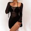 Mini-robe unie à col carré pour femmes Vêtements Y2k Gaze Robe de nuit sexy Tenues de club chaudes Transparente Vestidos De Mujer Manches longues