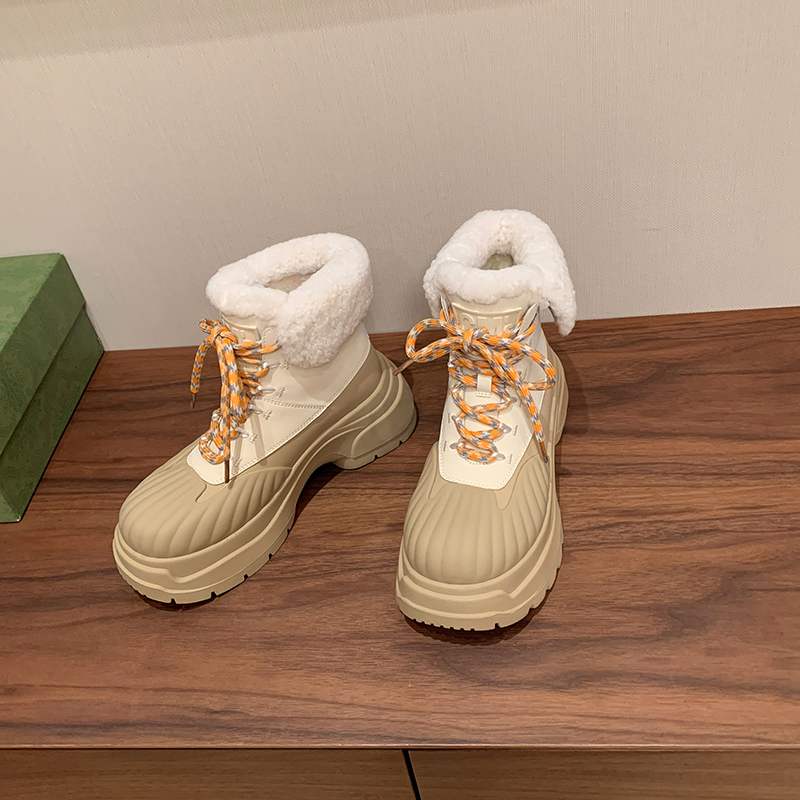 Krazing Pot Cow Leather Wool Blend Winter Round Toe Platform Snow Boots Lace Up Design Women Keep Warm Ankle Boots