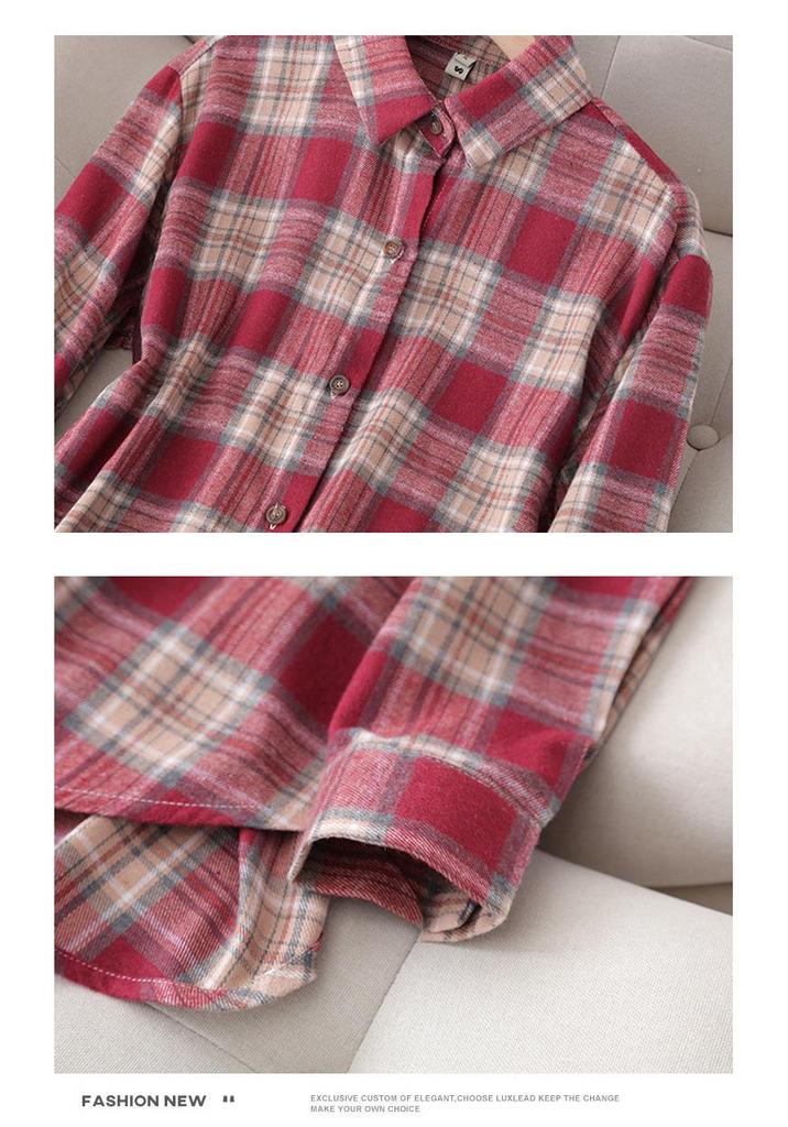Women's Brushed Plaid Shirt, 2026 Spring Retro Hong Kong Style, Versatile Long Sleeve Plus Size, 200 Jin.