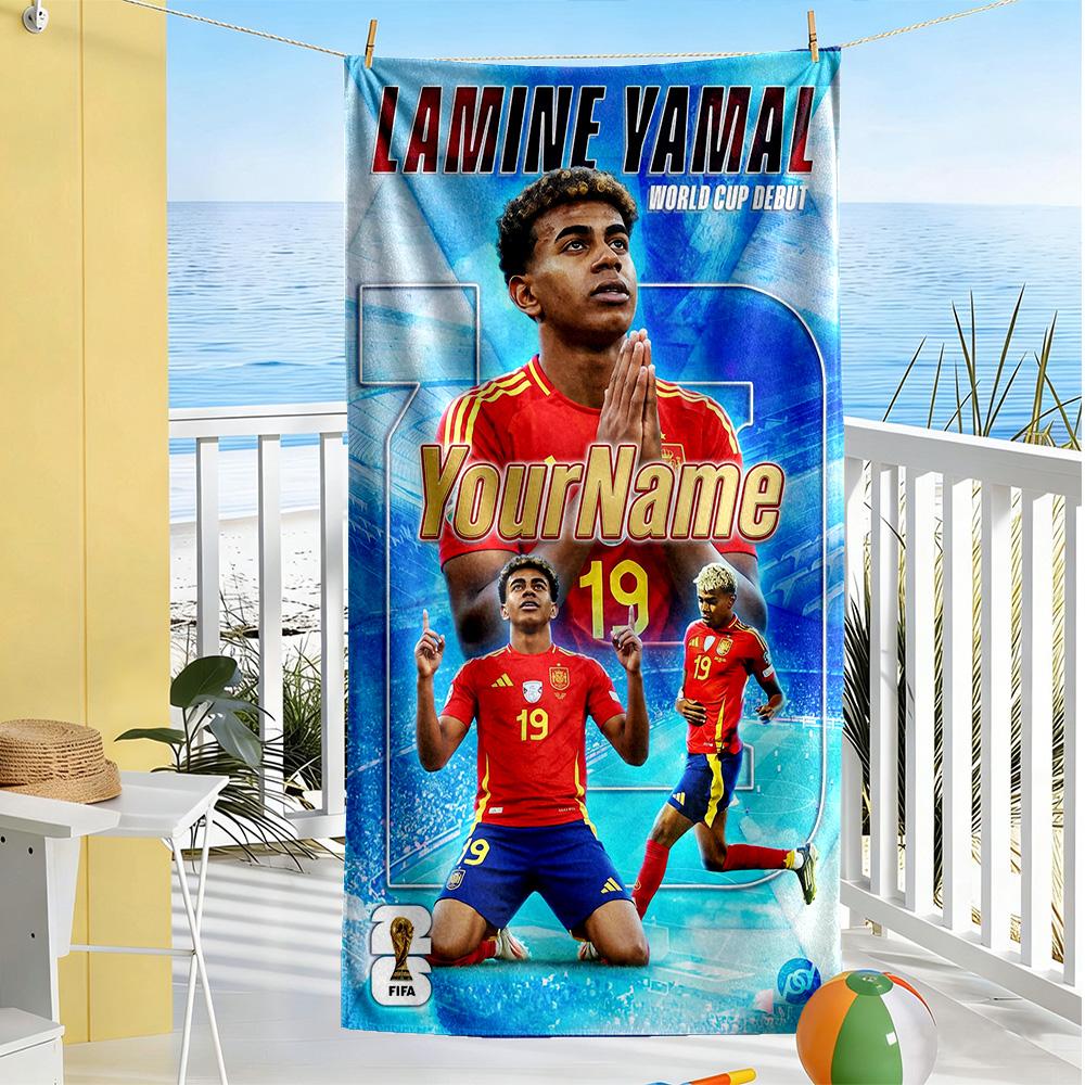 Lamine Yamal Personalisiertes Text Strandtuch Super Weich & Saugfähig Ideal für Reisen Outdoor Schwimmbad Yoga Surfen Camping Wandern Fitnessstudio Geschenk Urlaub