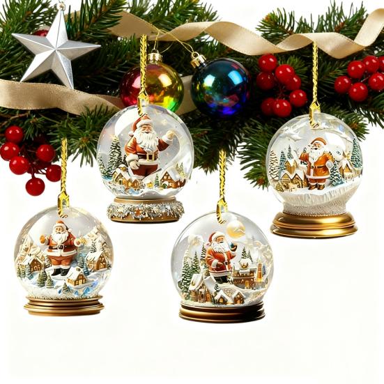 4Pcs Christmas Santa Glass Ball Ornament Winter Holiday Party Xmas Tree Hanging 2D Acrylic Santa Claus Snow House Ball Decoration