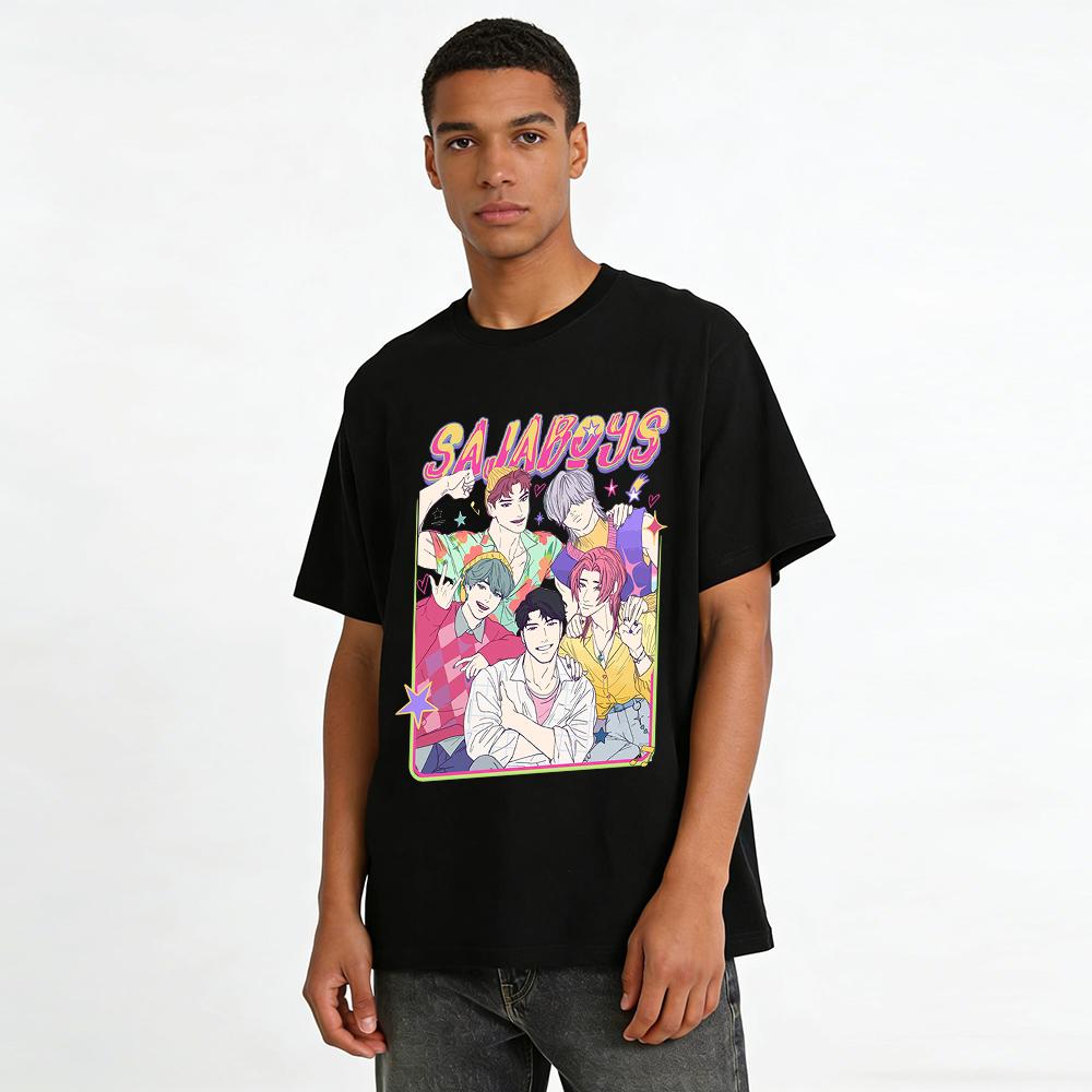 SAJABOYS K-pop Group Print T-shirt Retro Anime Idol Fan Support Casual Short Sleeve Top Pure Cotton T-shirt