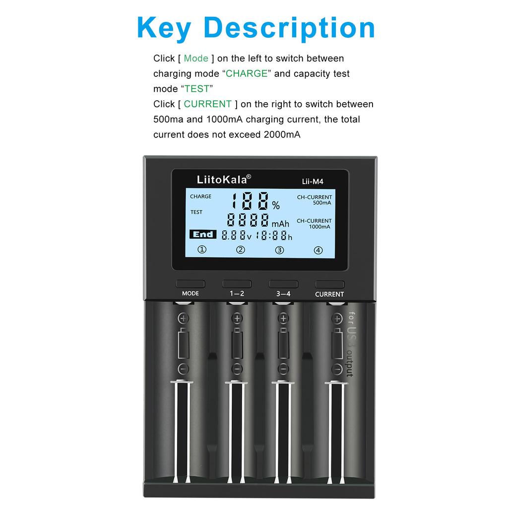 LIITOKALA LII-M4 4 gniazda ładowarka z wyświetlaczem LCD do 18650 26650 14500 AA AAA litowo NiMH