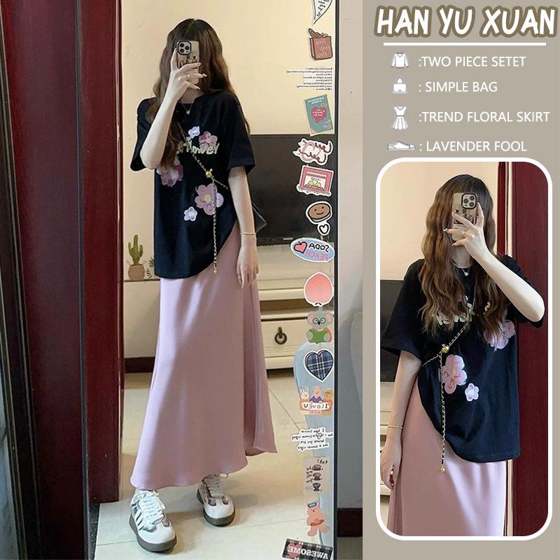 2026 Korean Style Maternity Summer Set: Loose Short-Sleeve T-Shirt & Pure Cotton Skirt Two-Piece. L