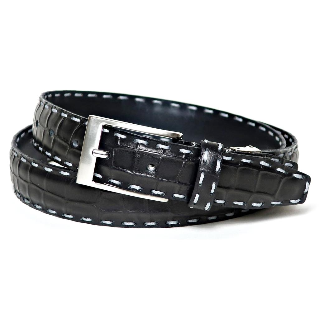[KIETH] Crocodile Embossed Belt for Men, Genuine Leather, Kip Leather, Black, Made In Japan, Matte Finish, Adjustable Size, KE21472-19