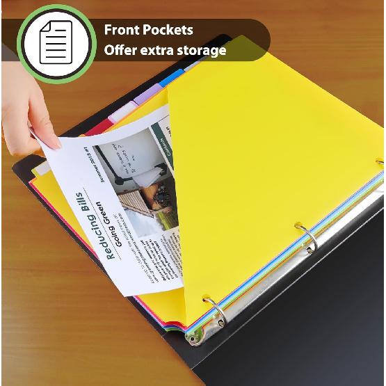 HABGP 8 Tab Dividers for 3 Ring Binder with Front Pocket, 8 Pcs Multicolor 3 Ring Binder Dividers with Tabs, Page Folder Plastic Tabbed File Dividers