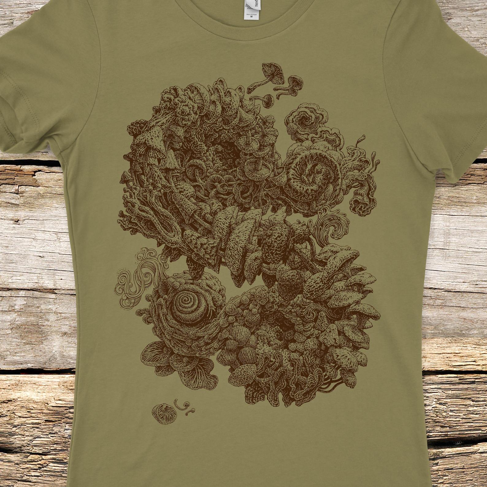 Women s Mushroom T-Shirt: Hand Screen Printed Nature Art S