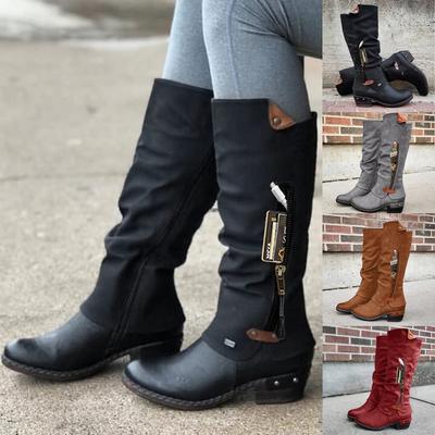 Women Zipper Square Heel Solid Color High Boots Knee-High Shoes Round Toe Boots